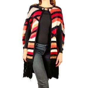 Vertigo Paris Soft Black Fringe & Fall Colors Cape Poncho Sweater Size S / M NEW